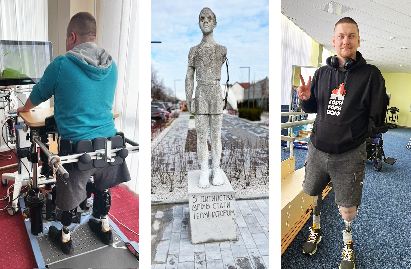 From left: 1) Double amputee, training balance. 2) Statue outside Superhumans rehabilitation center, Lviv. “Since my childhood I was dreaming of becoming a terminator.” 3) Max, injured in January 2023.