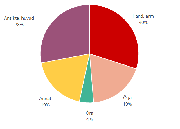 Andel skador per kroppsdel i fyrverkeriolyckor som uppsökt en akutmottagning. Källa: Fyrverkeriundersökning, MSB 2018-2023 