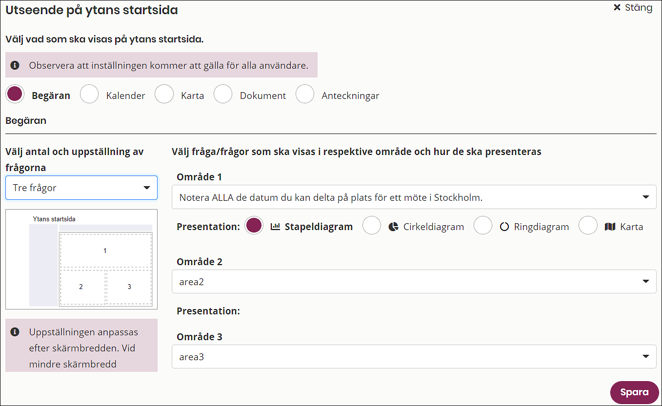 Så här ser det ut när du väljer att visa frågor från begäran. Först väljer du hur många frågor som ska visas och hur de ska ställas upp. Sen väljer du vilken fråga som ska visas i respektive område.